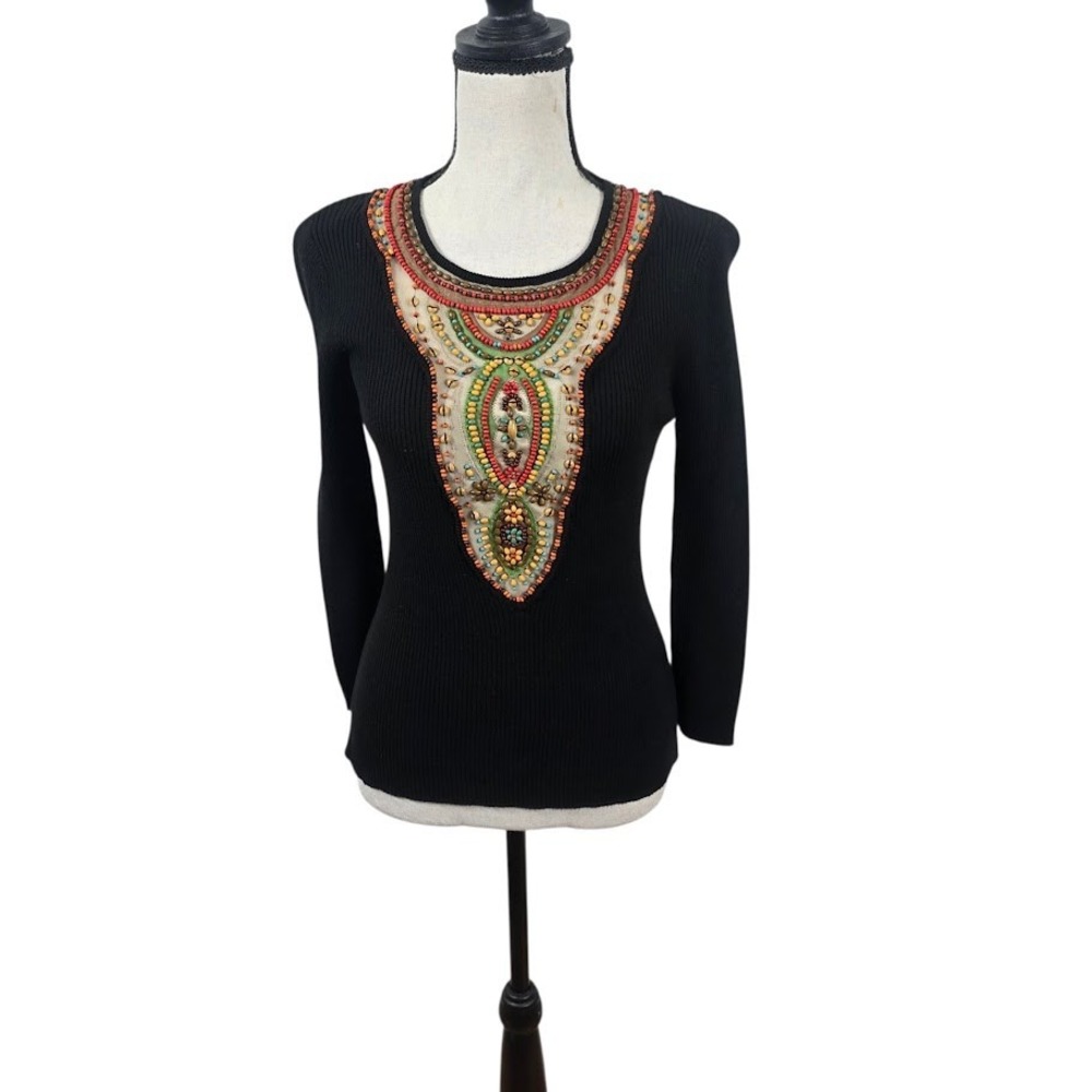 Berek Beaded Ribbed Sweater Womens Medium Black Long Sleeve Boho Knit Top - Picture 2 of 8